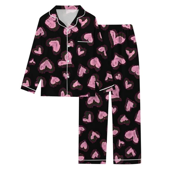 KKBOTIVE Womens Silk Satin Pajamas Set - Women's Valentine's Day Heart Shaped Printed Long Sleeved Pajama Set ( 7-Black Size: S )