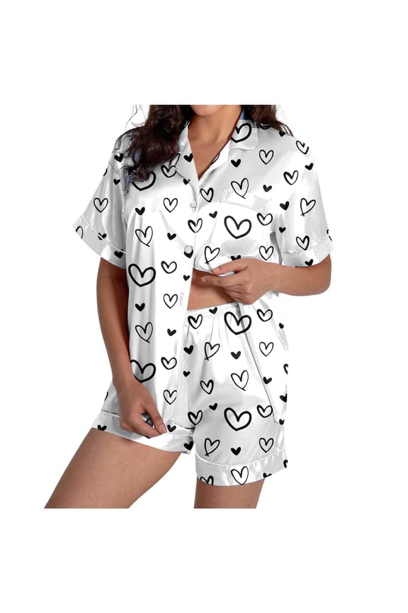 Womens Valentines Day Pajama Set 2 Piece Heart Embroidery Short Sleeve Button Up Sleepwear Soft Cozy Loungewear for Womens ( j-White Size: L )
