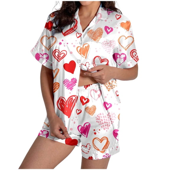 KKBOTIVE Womens Valentines Day Pajama Set 2 Piece Heart Embroidery Short Sleeve Button Up Sleepwear Womens Comfort Everyday Loungewear ( 13-White Size: XXL )