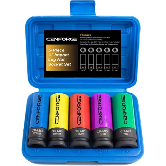 KKFEN-1/2" Drive Lug Nut Socket Set, Metric 17 19 21 mm & SAE 13/16 7/8 in. Wheel Socket Set, 5-PC Impact Lug Nut Socket Set, Thin Wall Lug Nut Socket with Colored Protective Covers