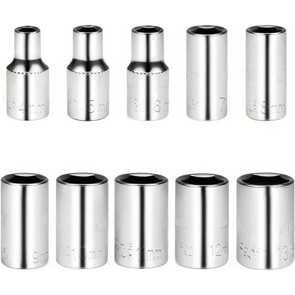 KKFEN-1/4" Drive Socket Set, Metric Socket 10pcs Sets, 6-Point Shallow Socket Set, 4mm, 5mm, 6mm, 7mm, 8mm, 9mm, 10mm, 11mm, 12mm, 13mm, Cr-V