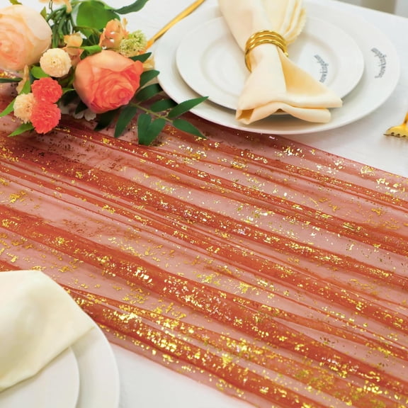 KKFEN-10 FT Fall Thanksgiving Table Runner Terracotta Gold Table Runner Burnt Orange Rust Sheer Chiffon Gauze Cheesecloth Golden Sequin Metallic Boho Table Decorations for Wedding Birthday