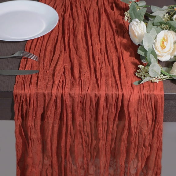 KKFEN-10 Ft Fall Thanksgiving Table Runner Terracotta Rust Cheesecloth Gauze, 120 inch Long Burnt Orange Boho Cheese Cloth for Wedding Bridal Shower Rustic Sheer Table Decorations