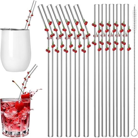 KKFEN-10 Pcs Cherry Icon Glass Straws with Charms Cute Reusable Straws Glass with Brush Cherry Shaped Clear Drinking Sucker Spring Party Decor Bachelorette Decor Bridal Engagement Drinkware