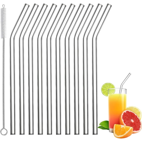 KKFEN-10 Pcs Clear Glass Straws Bent, 8mm x 200mm Reusable, BPA-Free, Heat Resistant, Transparent, 11 Count