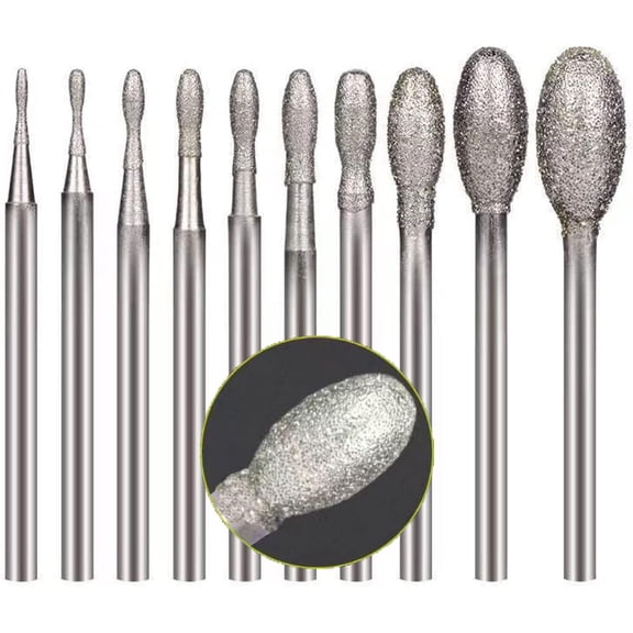 KKFEN-10 Pcs Diamond Burr, 3/32 Inch Shank Stone Carving Bits For Rotary Tools (Oval Shape)