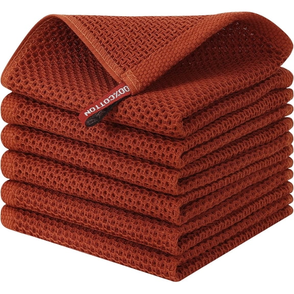 KKFEN-100% Cotton Kitchen Dish Cloths (12 X 12 Inches, Rust), 6 Pack Waffle Weave Ultra Soft Absorbent Dish Towels for Drying Dishes Quick Drying Kitchen Towels Dish Rags