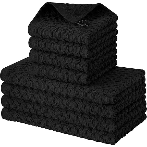 KKFEN-100% Cotton Kitchen Towels and Dishcloths Set, 12 x 12 & 15 x 25 Inches, Set of 8 Bulk Super Soft and Absorbent Terry Cloth Dish Towels, Quick Drying Hand Towels with Hanging Loop, Black
