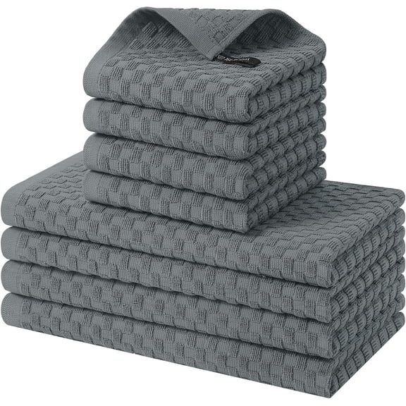 KKFEN-100% Cotton Kitchen Towels and Dishcloths Set, 12 x 12 & 15 x 25 Inches, Set of 8 Bulk Terry Cloth Dish Towels, Super Soft and Absorbent Hand Towel with Hanging Loop, Dark Grey
