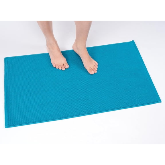 KKFEN-100% Cotton Non Slip Bath Mats for Bathroom, 20x34 inch Soft Absorbent Quick Dry Machine Washable Floor Bath Mat, Aqua Blue Bath Rug