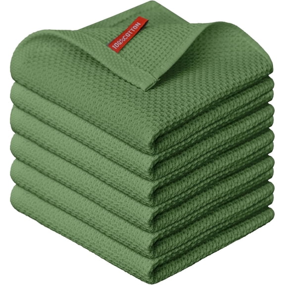 KKFEN-100% Cotton Olive Green Waffle Weave Kitchen Dish Cloths, 12x12 Inch Ultra Soft Absorbent Quick Drying Kitchen Dish Towels Set of 6