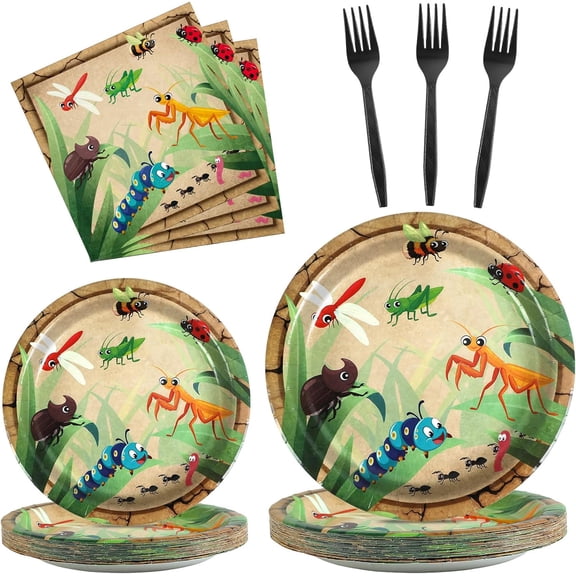 KKFEN-100 Pcs Bug Party Plates Napkins Supplies, Spring Summer Ladybugs Bee Reptile Birthday Party Tableware Set Insect Birthday Party Decorations Favors for Boys Girls Serve 25