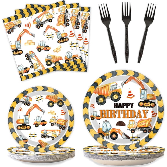KKFEN-100 Pcs Construction Birthday Party Plates and Napkins Set Dump Truck Birthday Party Decorations Supplies Construction Tableware Construction Themed Party Favors for Boys Birthday Serves 25