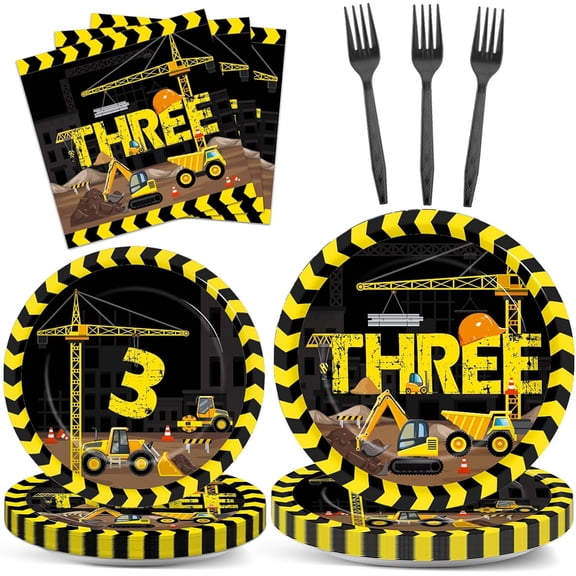KKFEN-100 Pcs Construction Plates and Napkins Set 3rd Birthday Party Decorations Dump Truck Themed Party Favors for 25 People