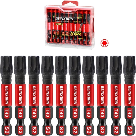 KKFEN-10Pieces 2 In. T40 Impact Tough Magnetic Screwdriver Bit Set, #40 Torx Head Power Bits, S2 Alloy Steel Star Bits with Storage M-Box