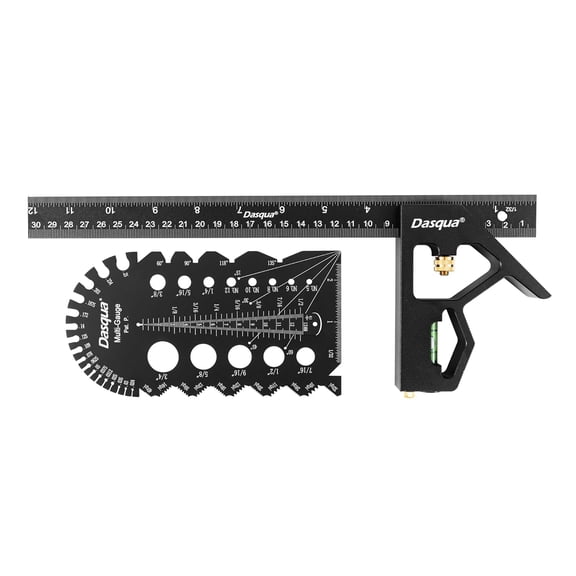 KKFEN-12 Inch Aluminum Combination Square Set - Professional Woodworking Layout Tool with 45/90 Level & Scriber - Includes Bolt Size & Thread Checker - Carpenter Ruler & Gauge Combo