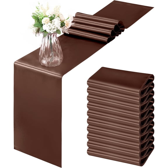 KKFEN-12 Pack Brown Satin Table Runner 12 x 108 Inch, Smooth Table Runners for Wedding Banquets Birthday Party