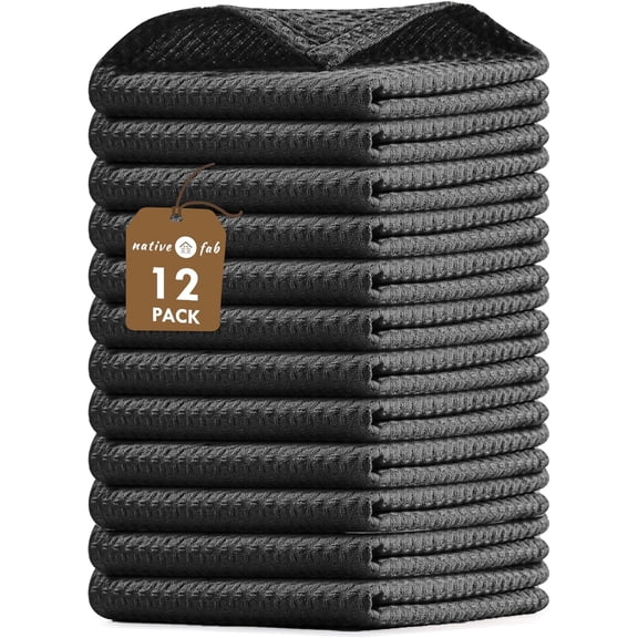 KKFEN-12 Pack Cotton Dish Cloths - Absorbent, Quick Drying, Washable, Durable Towels for Cleaning, Cooking & Baking - Perfect for Everyday Use, Home, Bars, Restaurants - 12x12 Inches - Black