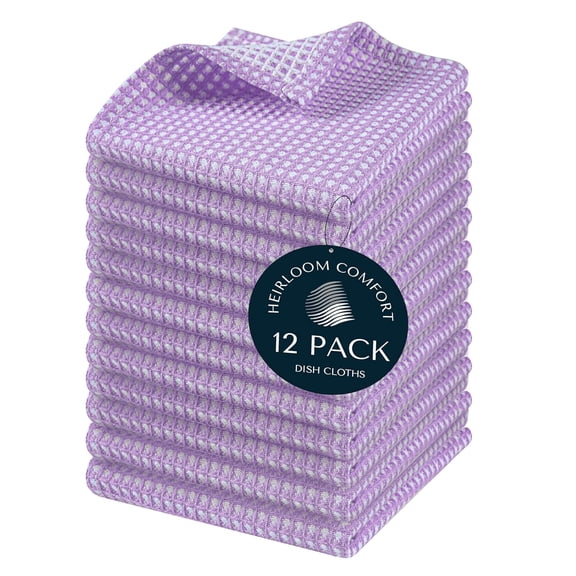 KKFEN-12 Pack Dual Tone Waffle Weave Dish Cloth, 12x12 Inches, 100% Cotton, Reversible, Super Absorbent, Quick Dry, Durable Dishcloth Set, Soft Hand Towels for Cleaning, Lavender