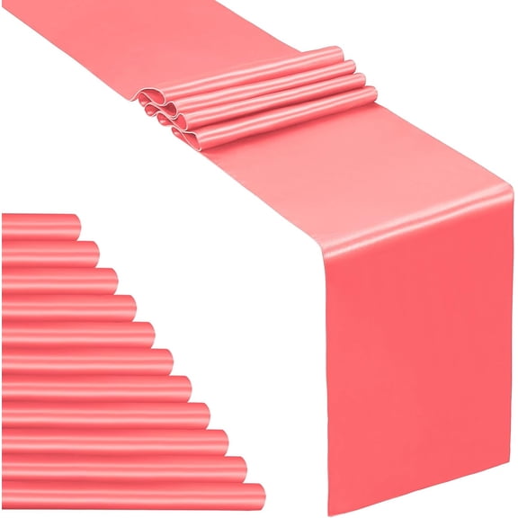 KKFEN-12 Pcs Coral Satin Table Runner 12 x 108 inches Long, Bright Smooth Satin Wedding Table Runner Decorations for Birthday Parties, Buffet, Banquets, Graduations, Engagements