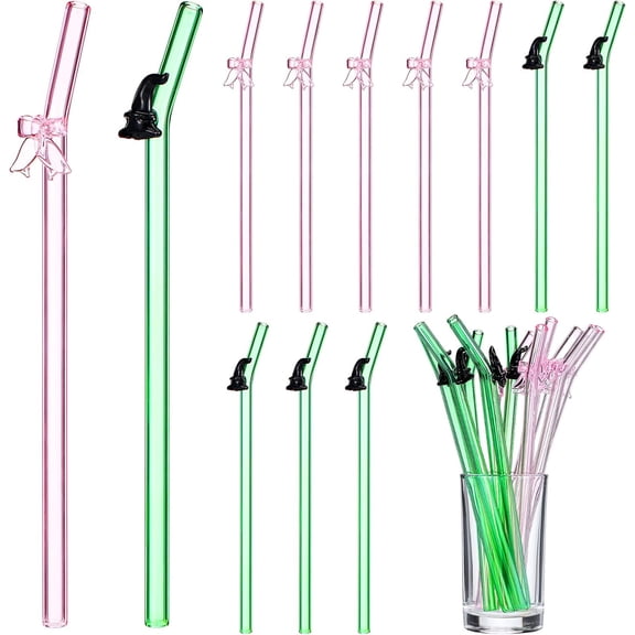 KKFEN-12 Pcs Pink and Green Straws Reusable Cute Bows and Wizard Hat Shape Glass Straws with Brush Pink and Green Party Favors for Witch Themed Party Decor