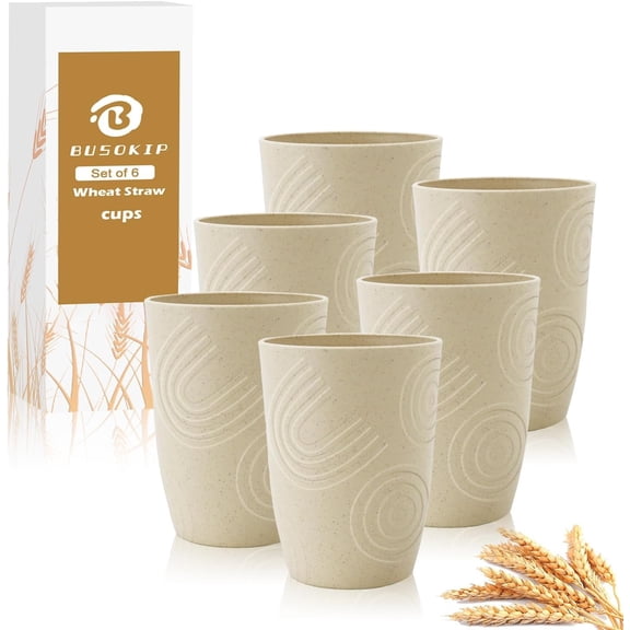 KKFEN-12 oz Wheat Straw Cups Set of 6, Alternatives to Plastic Cups Reusable, Unbreakable Water Cups, Dishwasher Safe Kitchen Cup, Small Water Cups for Kitchen (Beige)