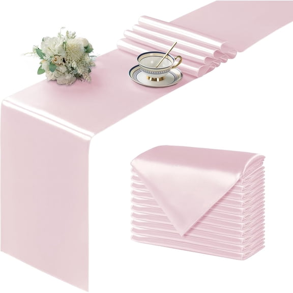 KKFEN-12Pcs Satin Blush Pink Table Runner - 12 x 108 Inch Long Size, Party Table Runner Decor Bright & Smooth Wedding Decorations Table Runners for Banquet Chef Birthday Buffet Dinner Graduations