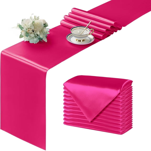 KKFEN-12Pcs Satin Hot Pink Table Runner - 12 x 72 Inch Long Size, Party Table Runner Decor Bright & Smooth Wedding Decorations Table Runners for Banquet Chef Birthday Buffet Dinner Graduations