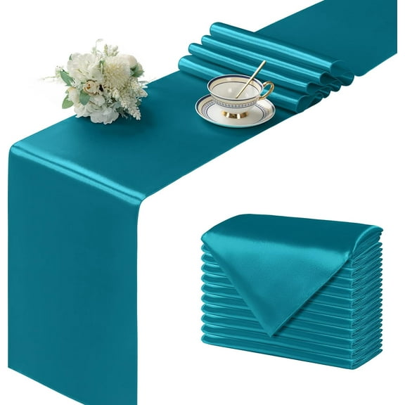 KKFEN-12Pcs Satin Teal Blue Table Runner - 12 x 72 Inch Long Size, Party Table Runner Decor Bright & Smooth Wedding Decorations Table Runners for Banquet Chef Birthday Buffet Dinner Graduations