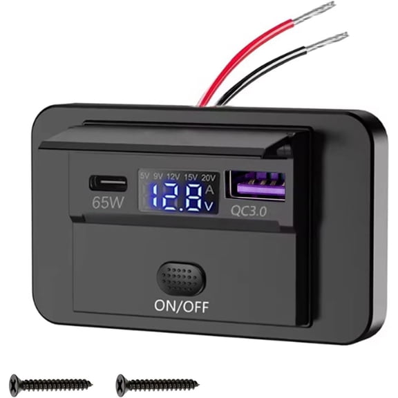 KKFEN-12V USB Outlet, Automatic Power Adjustment 65W PD3.0 & 18W QC USB A Ports, Car Charging Outlet Panel with Button Switch & LED Voltmeter for 12V/24V RV Boat Truck