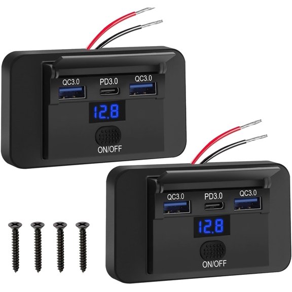 KKFEN-12V USB Outlet, Dual 18W QC3.0 USB A & 36W PD Ports, Car Charger Panel with Button Switch & LED Voltmeter for 12V/24V RV Boat Truck