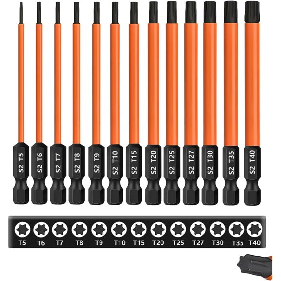 KKFEN-13-Piece 4 inch /100 mm Long Torx Bit Set for Impact Driver, S2 Steel Star Bit Set (T5-T40), 1/4'' Hex-Shank Magnetic Torx Screwdriver Bit, Torx Head Drill Bit Set with CNC Machined Tips