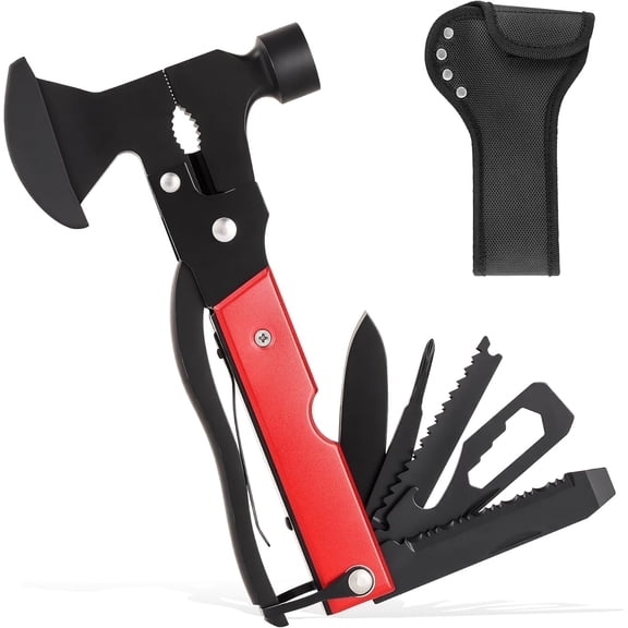 KKFEN-14-In-1 Multitool Camping Hammer - Survival Gear with Axe, Knife, Screwdriver, Pleirs, Saw, Bottle Opener and More -Portable Outdoor Tool Gift with Nylon Sheath for Men & Dad