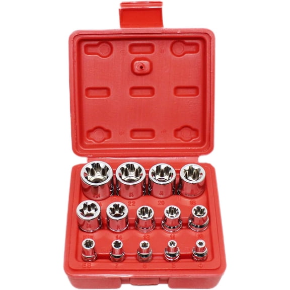KKFEN-14Pcs E-Torx Star Socket Set with Case, 1/4, 3/8, 1/2 in. Drive Female External Star Socket Set E4-E24 Torque Socket Set