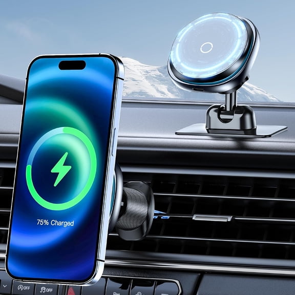 KKFEN-15W Fast Magnetic Car Phone Mount - 2-in-1 Dashboard/Air Vent Mount with 360 Rotation & Secure Double Hook Clip, Compatible with MagSafe Case, iPhone, Samsung & More