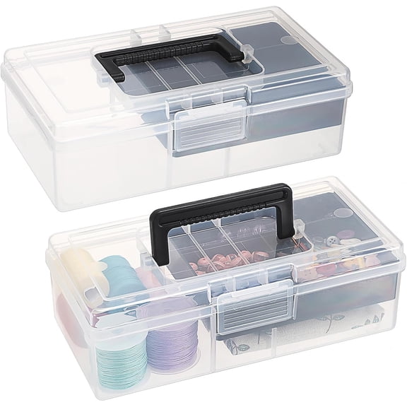 KKFEN-2 PCS Clear Plastic Storage Box with Removable Tray Multipurpose Stationery Storage Box with Handle Handy Sewing Box Art Craft Supply Organizer Home Utility Box (Black)