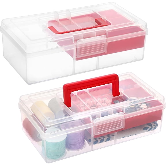 KKFEN-2 PCS Clear Plastic Storage Box with Removable Tray Multipurpose Stationery Storage Box with Handle Handy Sewing Box Art Craft Supply Organizer Home Utility Box (Red)