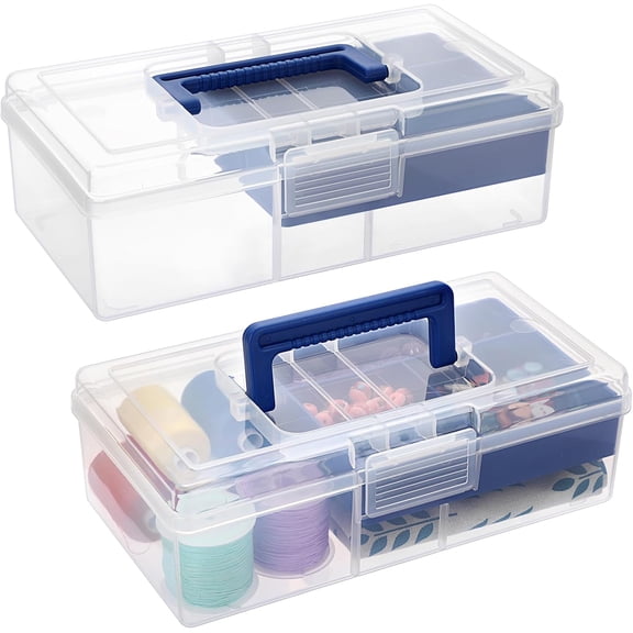 KKFEN-2 PCS Clear Plastic Storage Box with Removable Tray Multipurpose Stationery Storage Box with Handle Handy Sewing Box Art Craft Supply Organizer Home Utility Box (Blue)