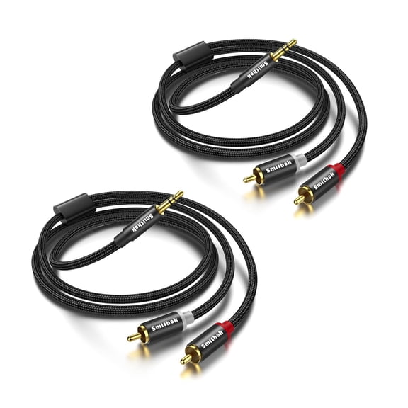 KKFEN-2 Pack 3.5mm to RCA Cable,Gold Plated,Nylon Braided 1/8 Male to Male Stereo Aux Cord [Left/Right] Y Splitter Adapter for Tablets, Speakers, Smartphones, MP3, HDTV Black (10Ft/3m)