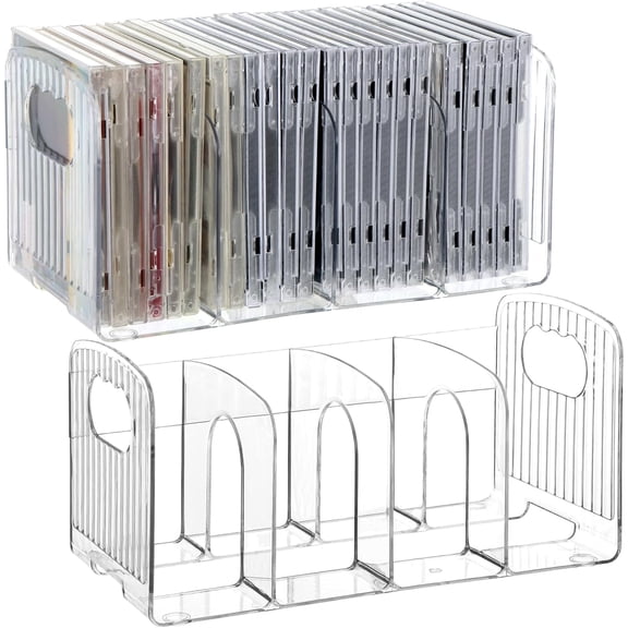 KKFEN-2 Pack Clear Acrylic CD Holder DVD/CD Display Racks CD Storage Box with Handle, 4 Compartments Desktop CD Organizer for Media Shelf Storage and Oraganization, Hold 32-48 Cases