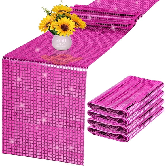KKFEN-2 Pack Disco Party Table Runner 11 x 108 Inch Mirror Hot Pink Glitter Foil with Sparkle Sequin Table Runner for Bachelorette 70s 80s Party Home Table Decorations