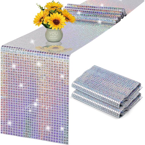 KKFEN-2 Pack Disco Party Table Runner 11 x 108 Inch Mirror Silver Laser Glitter Foil with Sparkle Sequin Table Runner for Bachelorette 70s 80s Party Home Table Decorations