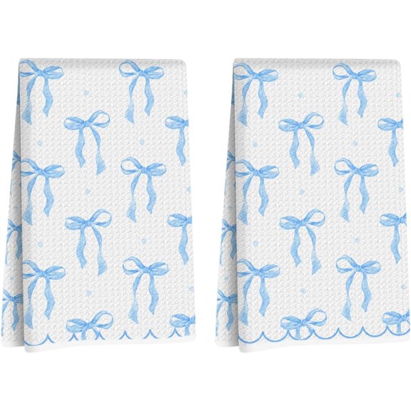 KKFEN-2 Pcs Coquette Bow Hand Towels 24x14 Inch, Cute Preppy Decorative Bath Dish Towel Waffle Weave Hand Cloth Tea Towel for Home Kitchen Bathroom Decor (Blue)