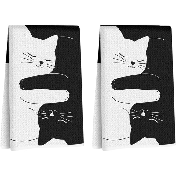 KKFEN-2 Pcs Cute Cat Kitchen Towels 24x14 Inch, Cats Gifts Reusable Dish Towels for Kitchen Home Bathroom Decor, Waffle Weave Hand Cloth Tea Towel, Gifts for Cat Lovers Women Friend Girls