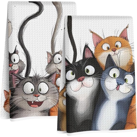 KKFEN-2 Pcs Cute Cat Kitchen Towels, Cats Soft Absorbent Hand Tea Towel, Microfiber Dish Cloths for Drying Dishes, Waffle Dish Towels for Kitchen Home Bathroom Decor, Cat Lover Gifts for Women Mom