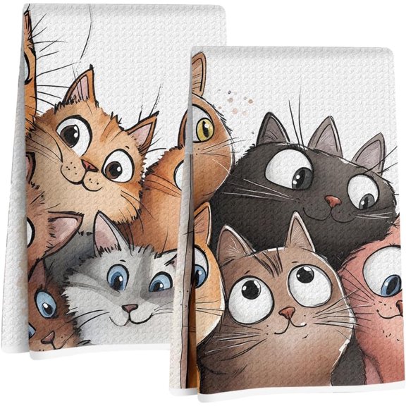 KKFEN-2 Pcs Cute Cat Kitchen Towels, Cats Soft Absorbent Hand Tea Towel, Microfiber Dish Cloths for Drying Dishes, Waffle Dish Towels for Kitchen Home Bathroom Decor, Cat Lover Gifts for Women Mom