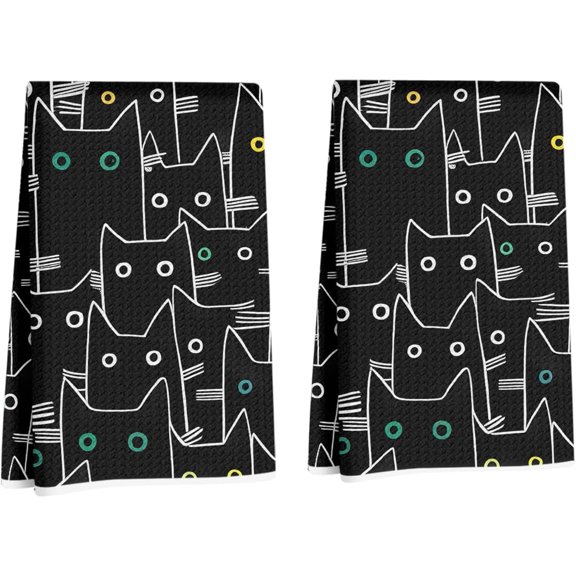 KKFEN-2 Pcs Whimsical Cat Kitchen Towels, Seamless Pattern Decorative Absorbent Microfiber Dish Cloth Tea Towel, Waffle Soft Hand Towels for Farmhouse Home Bathroom Kitchen Decor, Cat Lover Gifts