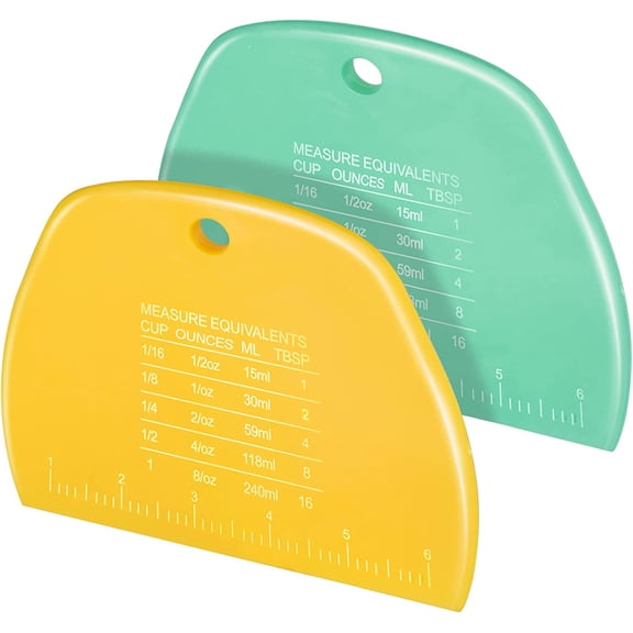 KKFEN-2 Pieces Dough Cutter, Bench Scraper Plastic, Sourdough Scraper, Dough Scraper with Measuring Scale, Multipurpose Food Scrapers for Dough, Cake, Bread, Icing Yellow and Green