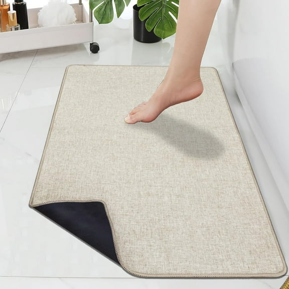 KKFEN-2'x3' Ultra Thin Bathroom Rugs,Low Profile Bath Rug,Rubber mat,Fit Under Door,Non Slip,Machine Washable Shower Rug,Khaki