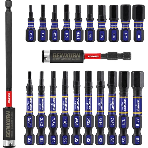 KKFEN-22 Pieces Multi Hex Head Impact Tough Magnetic Allen Wrench Drill Bits Set, 1 In./2 In. Mixed Hex Head (Metric&SAE) S2 Steel Power Bits Set with Bit Extension Holder